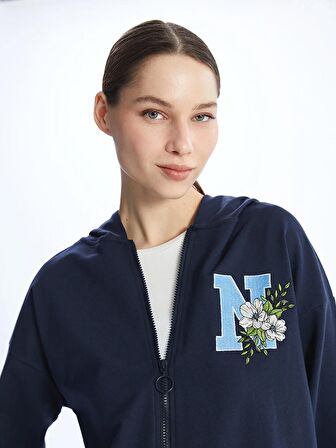 Kapüşonlu Nakışlı Uzun Kollu Oversize Kadın Fermuarlı Sweatshirt