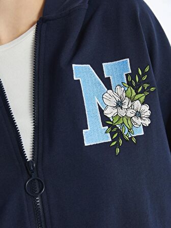 Kapüşonlu Nakışlı Uzun Kollu Oversize Kadın Fermuarlı Sweatshirt