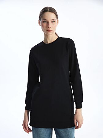 Bisiklet Yaka Düz Uzun Kollu Kadın Sweatshirt Tunik