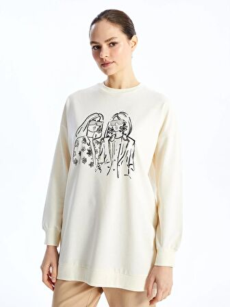 Bisiklet Yaka Baskılı Uzun Kollu Kadın Sweatshirt Tunik