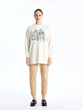 Bisiklet Yaka Baskılı Uzun Kollu Kadın Sweatshirt Tunik