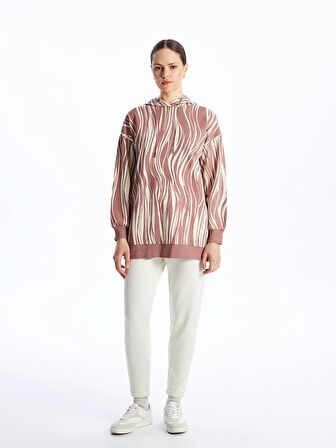 Kapüşonlu Desenli Uzun Kollu Kadın Sweatshirt Tunik