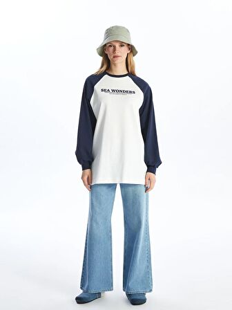 Bisiklet Yaka Baskılı Uzun Kollu Kadın Sweatshirt Tunik