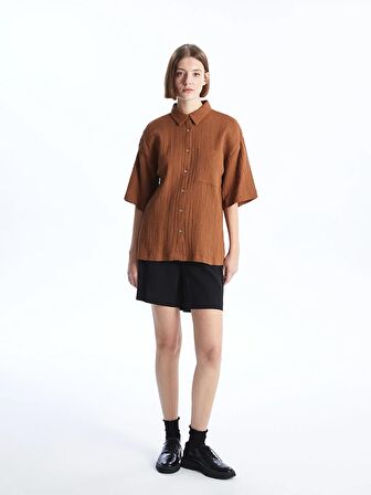 Düz Kısa Kollu Oversize Müslin Kadın Gömlek