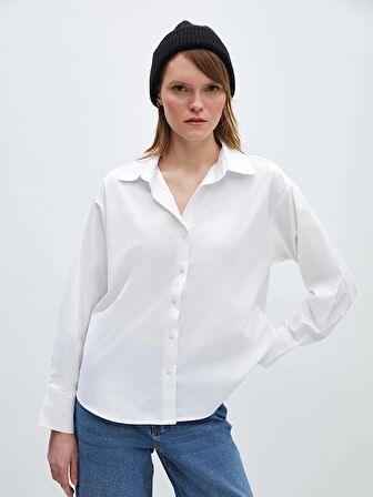Düz Uzun Kollu Oversize Poplin Kadın Gömlek