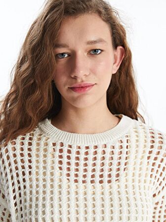 Bisiklet Yaka Ajurlu Uzun Kollu Crop Kadın Triko Kazak