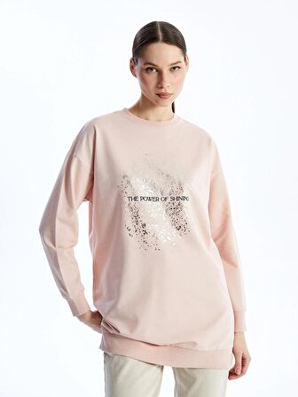 Bisiklet Yaka Baskılı Uzun Kollu Kadın Sweatshirt Tunik