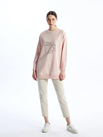 Bisiklet Yaka Baskılı Uzun Kollu Kadın Sweatshirt Tunik