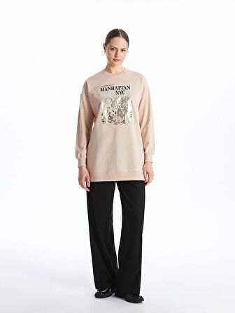 Bisiklet Yaka Baskılı Uzun Kollu Kadın Sweatshirt Tunik