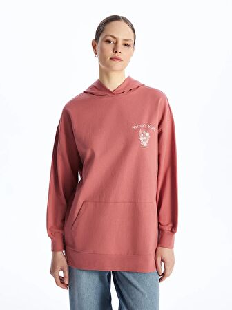 Kapüşonlu Baskılı Oversize Kadın Sweatshirt Tunik