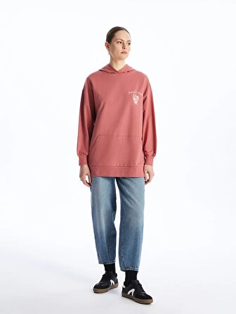 Kapüşonlu Baskılı Oversize Kadın Sweatshirt Tunik