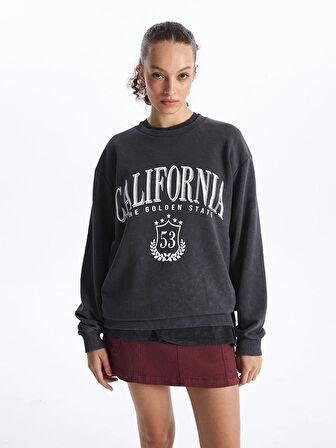 Bisiklet Yaka Baskılı Uzun Kollu Oversize Kadın Sweatshirt