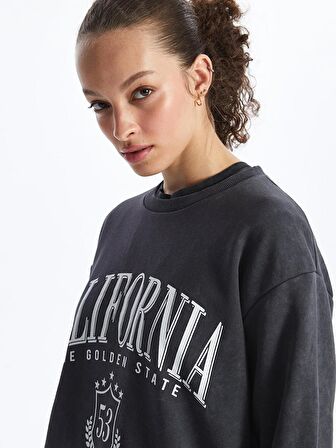 Bisiklet Yaka Baskılı Uzun Kollu Oversize Kadın Sweatshirt