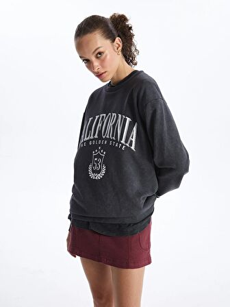 Bisiklet Yaka Baskılı Uzun Kollu Oversize Kadın Sweatshirt