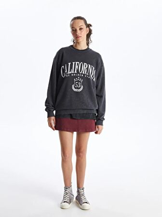 Bisiklet Yaka Baskılı Uzun Kollu Oversize Kadın Sweatshirt