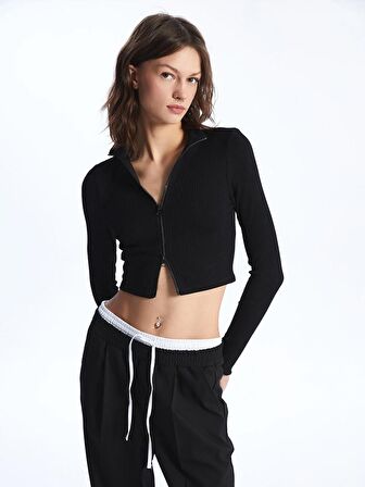 Dik Yaka Düz Crop Kadın Fermuarlı Sweatshirt