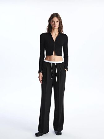 Dik Yaka Düz Crop Kadın Fermuarlı Sweatshirt