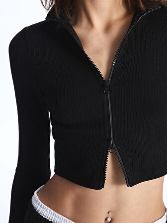 Dik Yaka Düz Crop Kadın Fermuarlı Sweatshirt