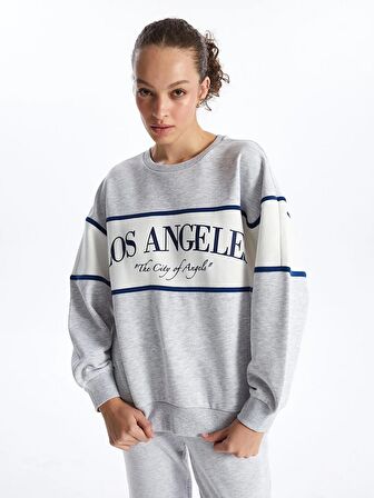 Bisiklet Yaka Baskılı Uzun Kollu Oversize Kadın Sweatshirt