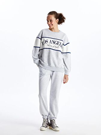 Bisiklet Yaka Baskılı Uzun Kollu Oversize Kadın Sweatshirt