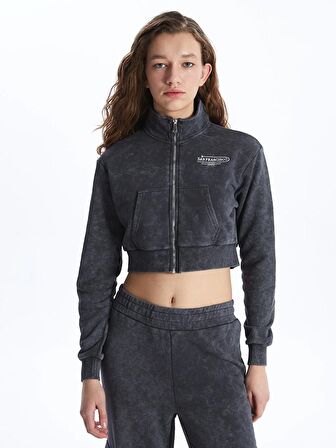 Dik Yaka Nakışlı Uzun Kollu Kadın Fermuarlı Sweatshirt