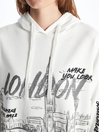 Baskılı Uzun Kollu Oversize Kadın Hoodie