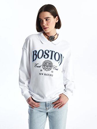 Polo Yaka Baskılı Uzun Kollu Oversize Kadın Sweatshirt