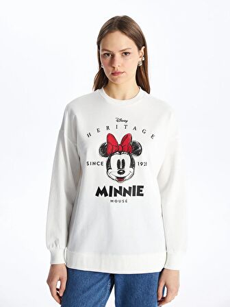 Bisiklet Yaka Minnie Mouse Baskılı Uzun Kollu Kadın Sweatshirt Tunik