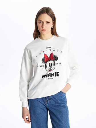Bisiklet Yaka Minnie Mouse Baskılı Uzun Kollu Kadın Sweatshirt Tunik