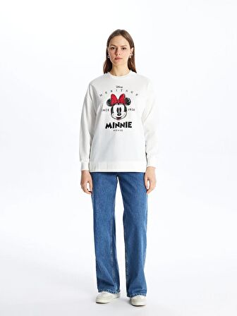 Bisiklet Yaka Minnie Mouse Baskılı Uzun Kollu Kadın Sweatshirt Tunik