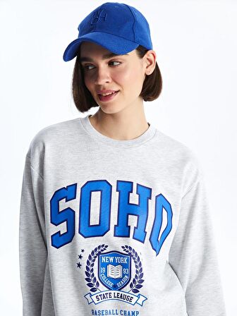 Bisiklet Yaka Baskılı Uzun Kollu Kadın Sweatshirt