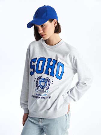 Bisiklet Yaka Baskılı Uzun Kollu Kadın Sweatshirt