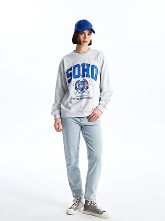 Bisiklet Yaka Baskılı Uzun Kollu Kadın Sweatshirt