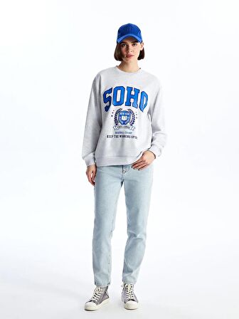 Bisiklet Yaka Baskılı Uzun Kollu Kadın Sweatshirt