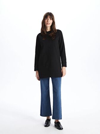 Bisiklet Yaka Düz Uzun Kollu Kadın Sweatshirt Tunik