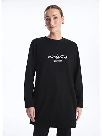 Bisiklet Yaka Baskılı Uzun Kollu Kadın Sweatshirt Tunik