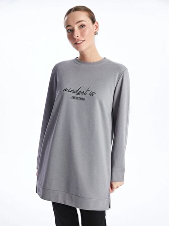 Bisiklet Yaka Baskılı Uzun Kollu Kadın Sweatshirt Tunik