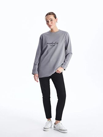 Bisiklet Yaka Baskılı Uzun Kollu Kadın Sweatshirt Tunik