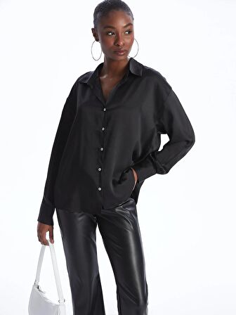 Düz Uzun Kollu Oversize Saten Kadın Gömlek