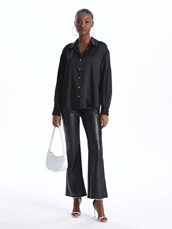 Düz Uzun Kollu Oversize Saten Kadın Gömlek