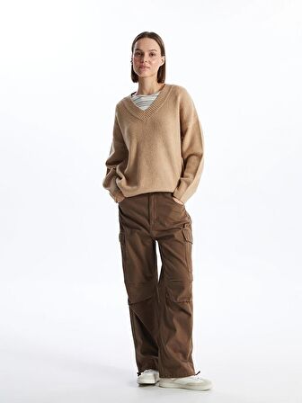 V Yaka Düz Uzun Kollu Oversize Kadın Triko Kazak