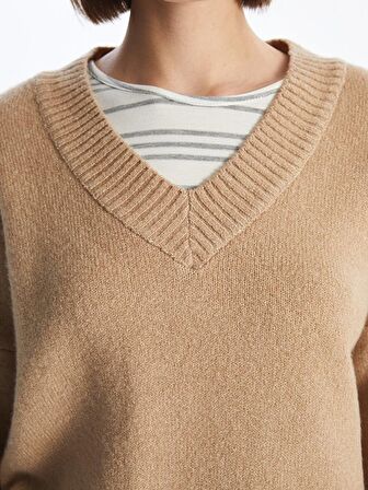 V Yaka Düz Uzun Kollu Oversize Kadın Triko Kazak