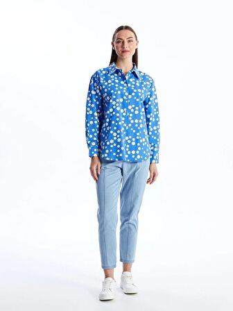 Çiçekli Uzun Kollu Oversize Poplin Kadın Gömlek