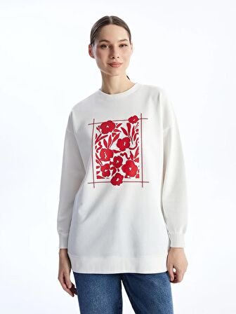 Bisiklet Yaka Baskılı Uzun Kollu Kadın Sweatshirt Tunik