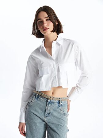 Düz Uzun Kollu Crop Poplin Kadın Gömlek