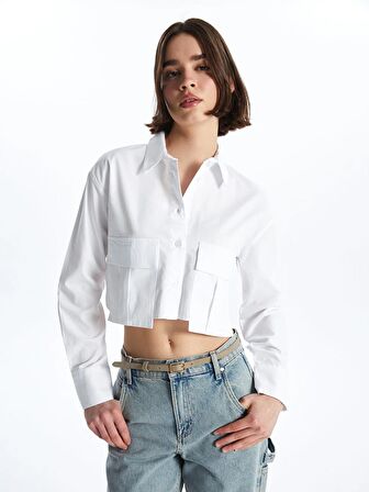 Düz Uzun Kollu Crop Poplin Kadın Gömlek