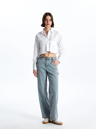 Düz Uzun Kollu Crop Poplin Kadın Gömlek