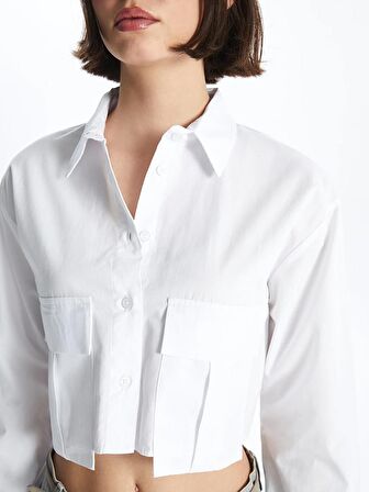 Düz Uzun Kollu Crop Poplin Kadın Gömlek