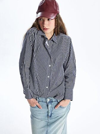 Çizgili Uzun Kollu Oversize Poplin Kadın Gömlek