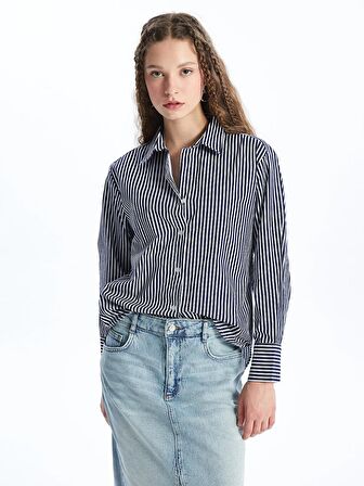 Çizgili Uzun Kollu Oversize Poplin Kadın Gömlek